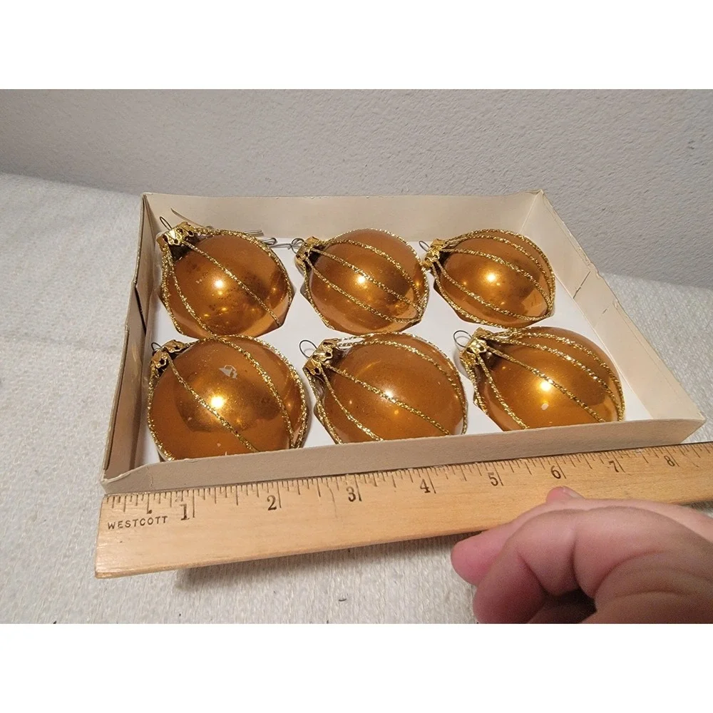 6 Vtg Christmas Gold &‎ Glitter Glass Ornament 2.5